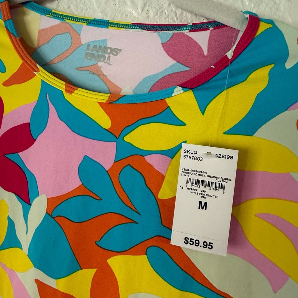 NWT Lands' End Women’s Long Sleeve Crew Neck Swim Tee Rash Guard Size M Floral - Picture 7 of 12